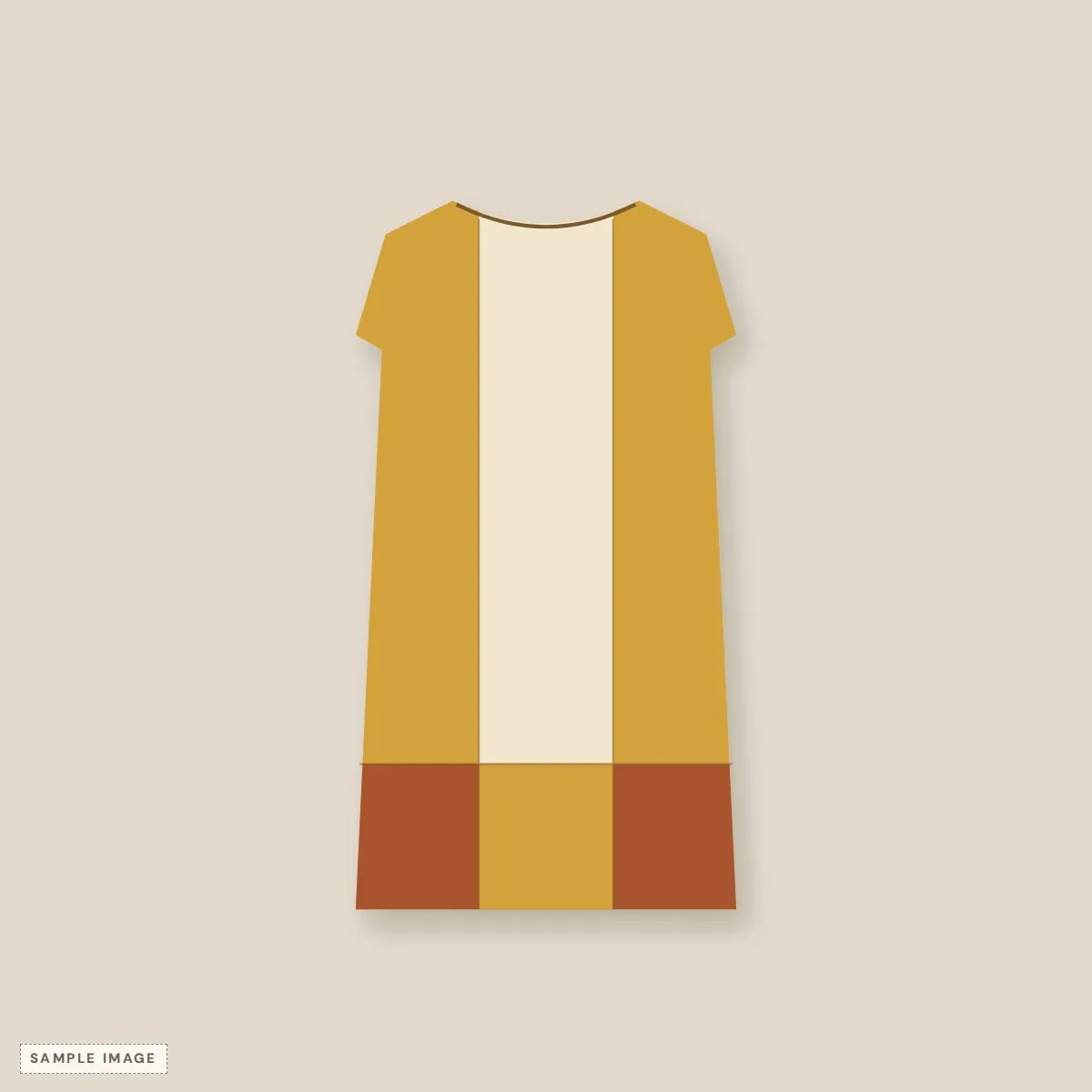 60s mod shift dress in mustard, cream and rust color-block panels, laid flat