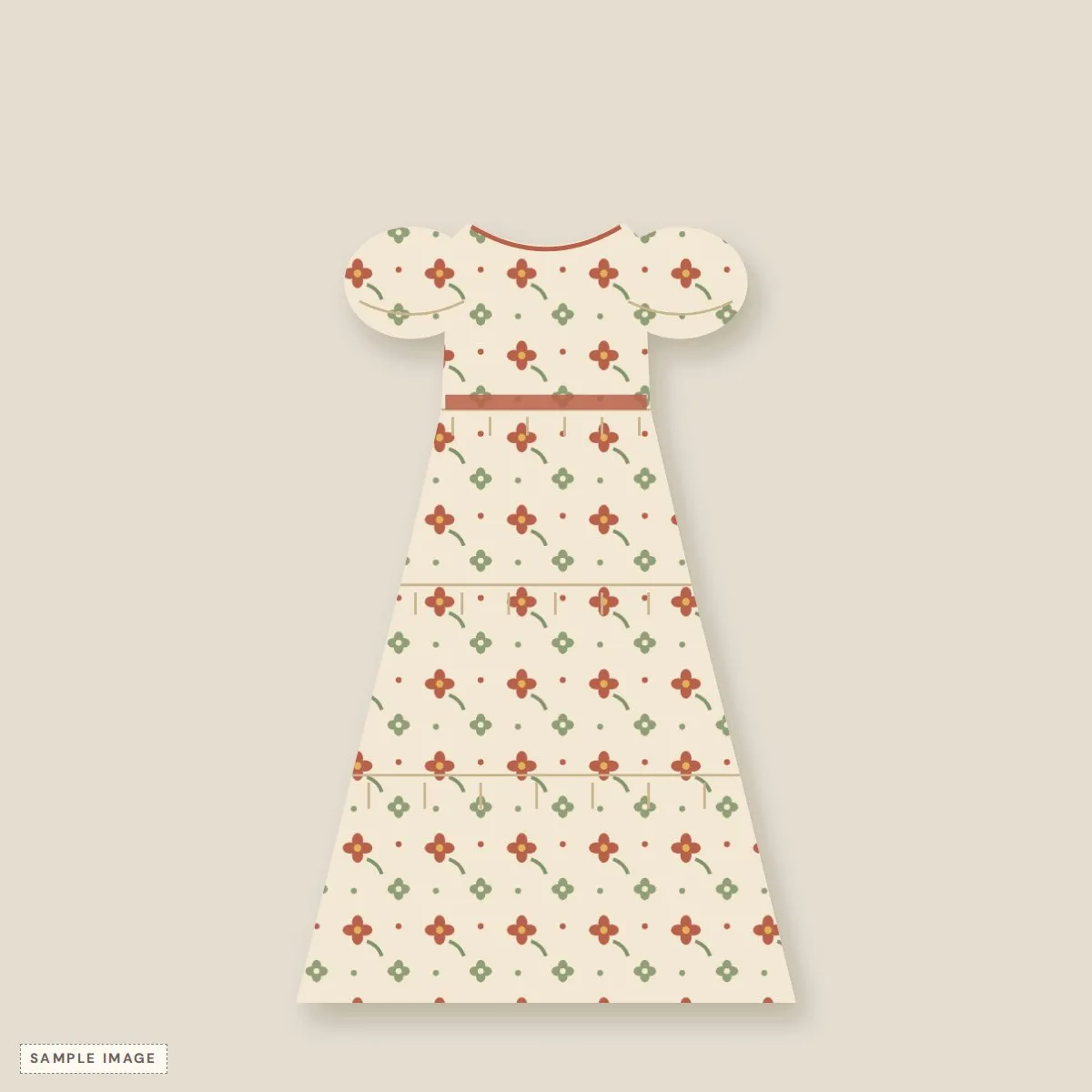 Cream 70s prairie midi dress with a small rust and sage floral print and puff sleeves, laid flat
