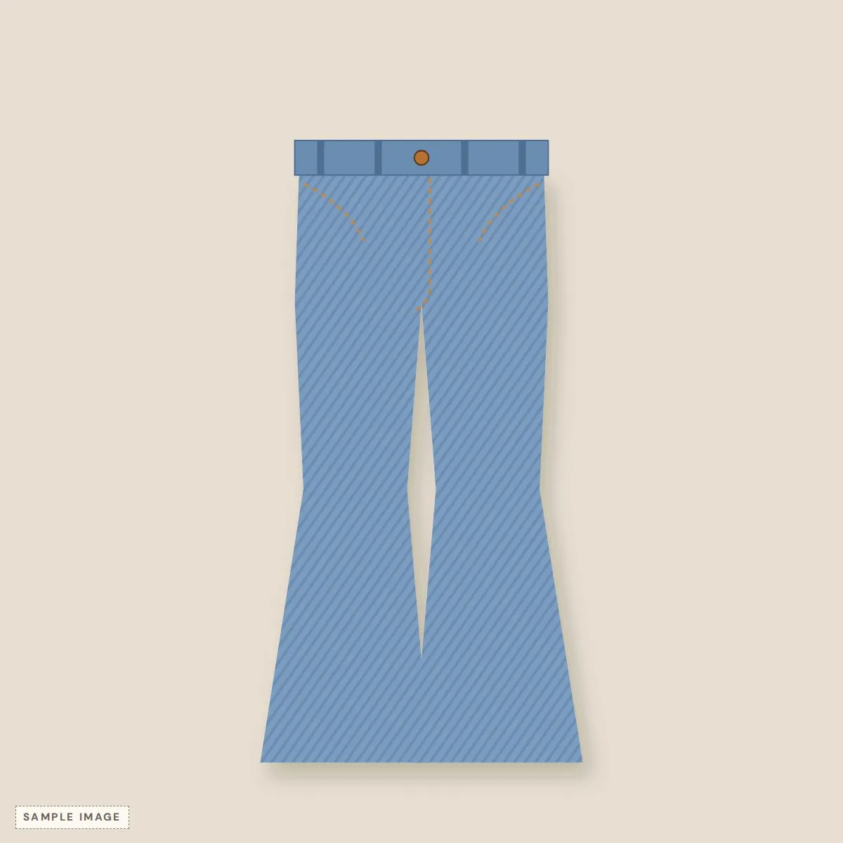Medium-blue 70s high-waisted flare jeans laid flat, showing the wide flare from the knee