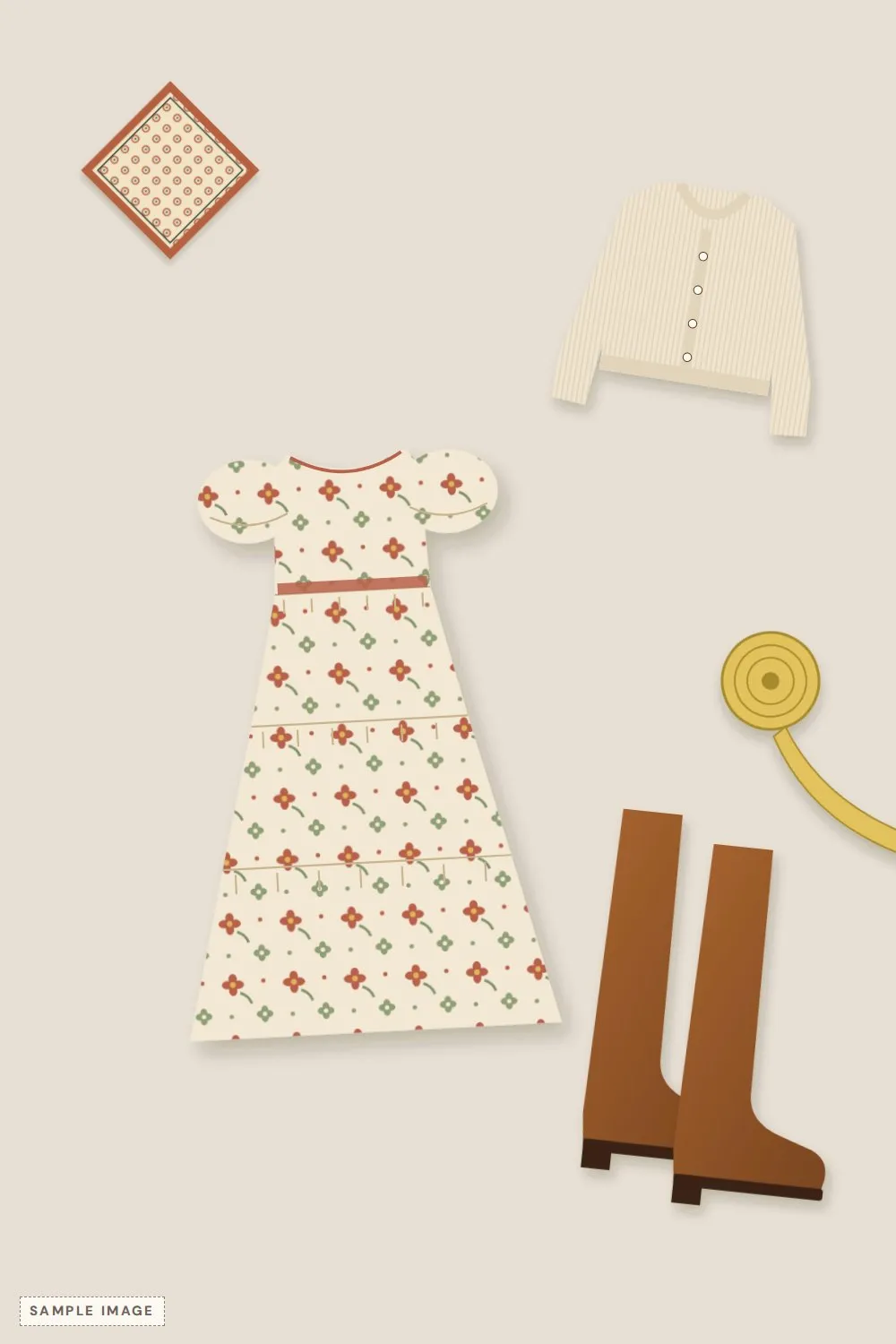 Flat-lay of a cream floral prairie midi dress, a cropped cream cardigan, cognac knee boots and a rust scarf