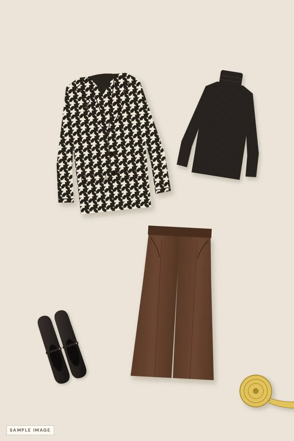 Flat-lay of a black and cream houndstooth blazer, black turtleneck, brown wide-leg trousers and black Mary Jane flats