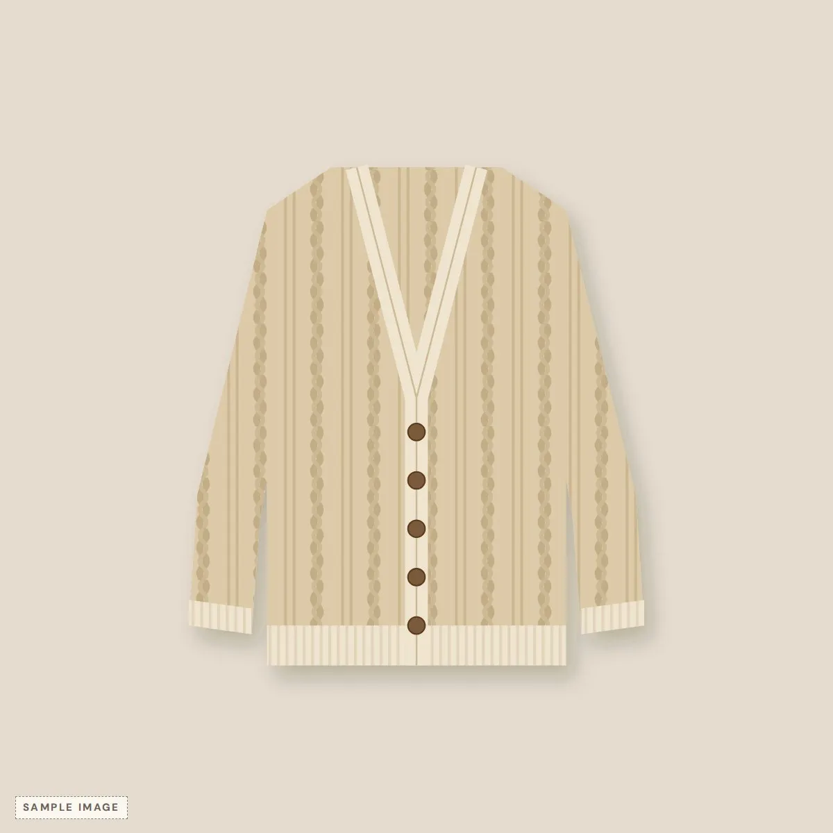Oatmeal cable-knit 80s cardigan with ribbed cuffs and five buttons, laid flat