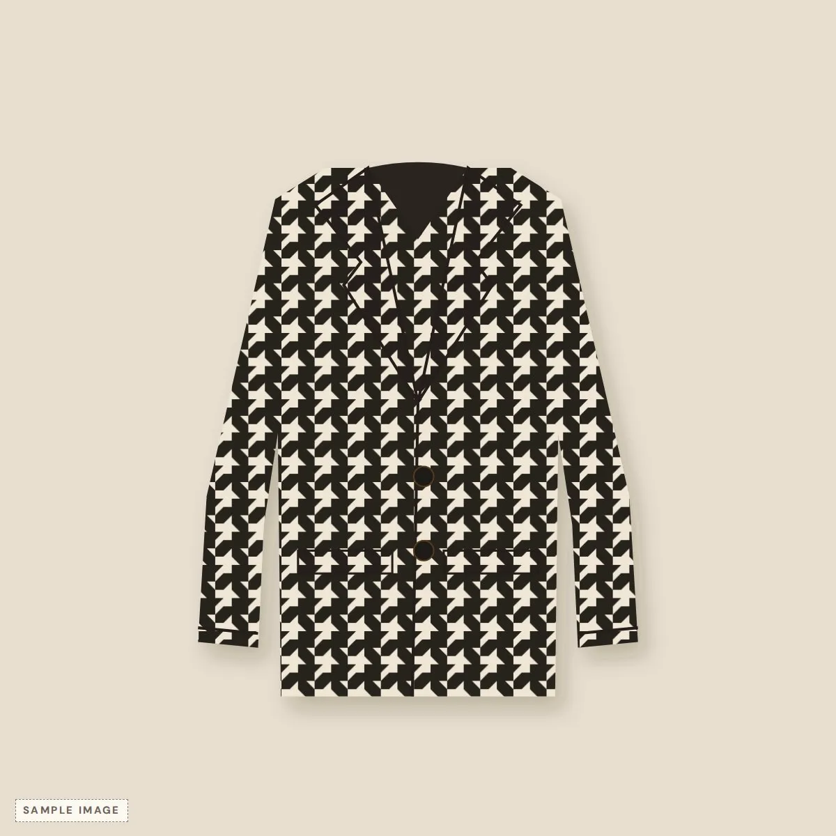 Black and cream houndstooth 80s blazer with notched lapels and two front buttons, laid flat
