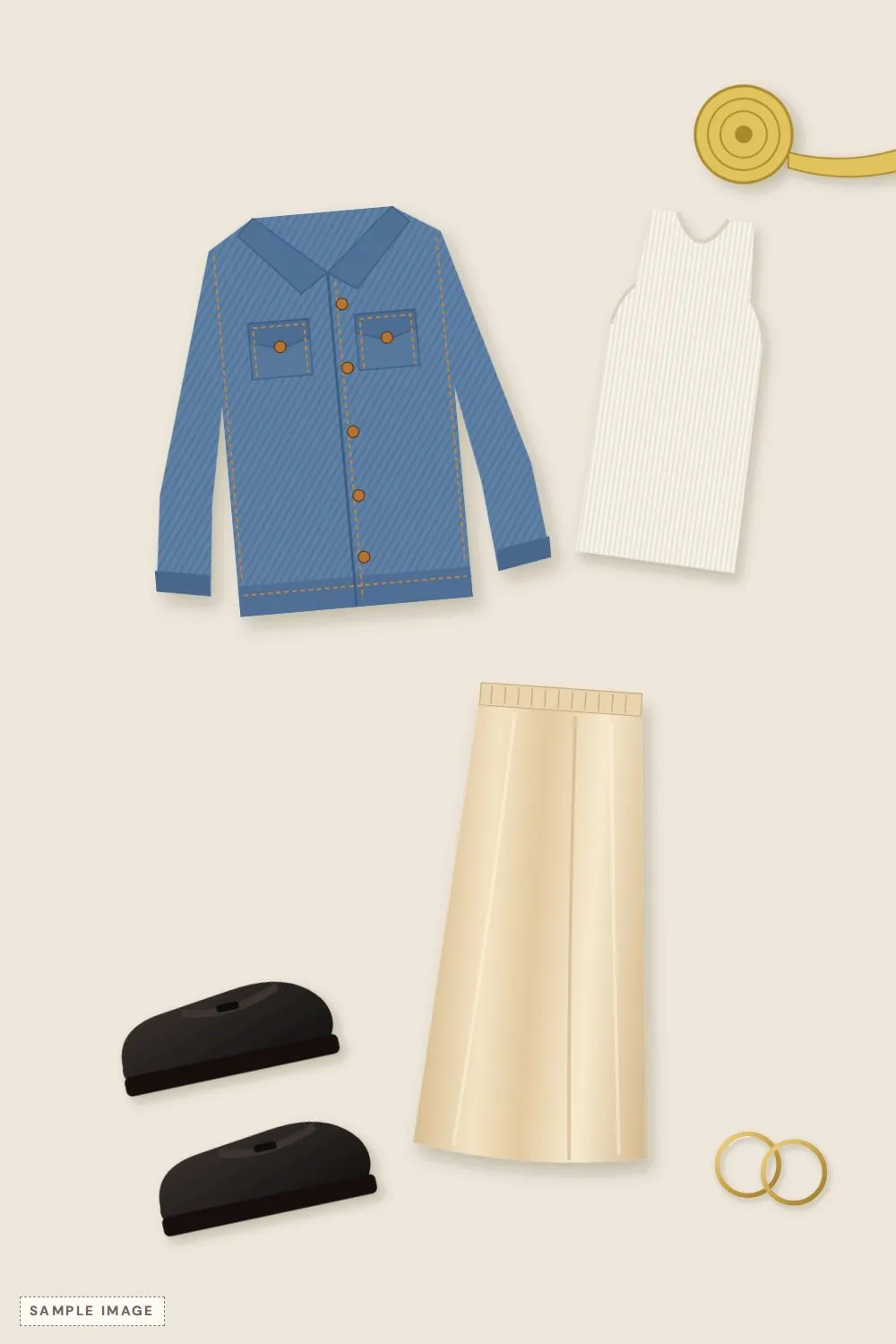 Flat-lay of a mid-wash denim jacket, champagne slip skirt, white ribbed tank, black loafers and gold hoops on cream paper