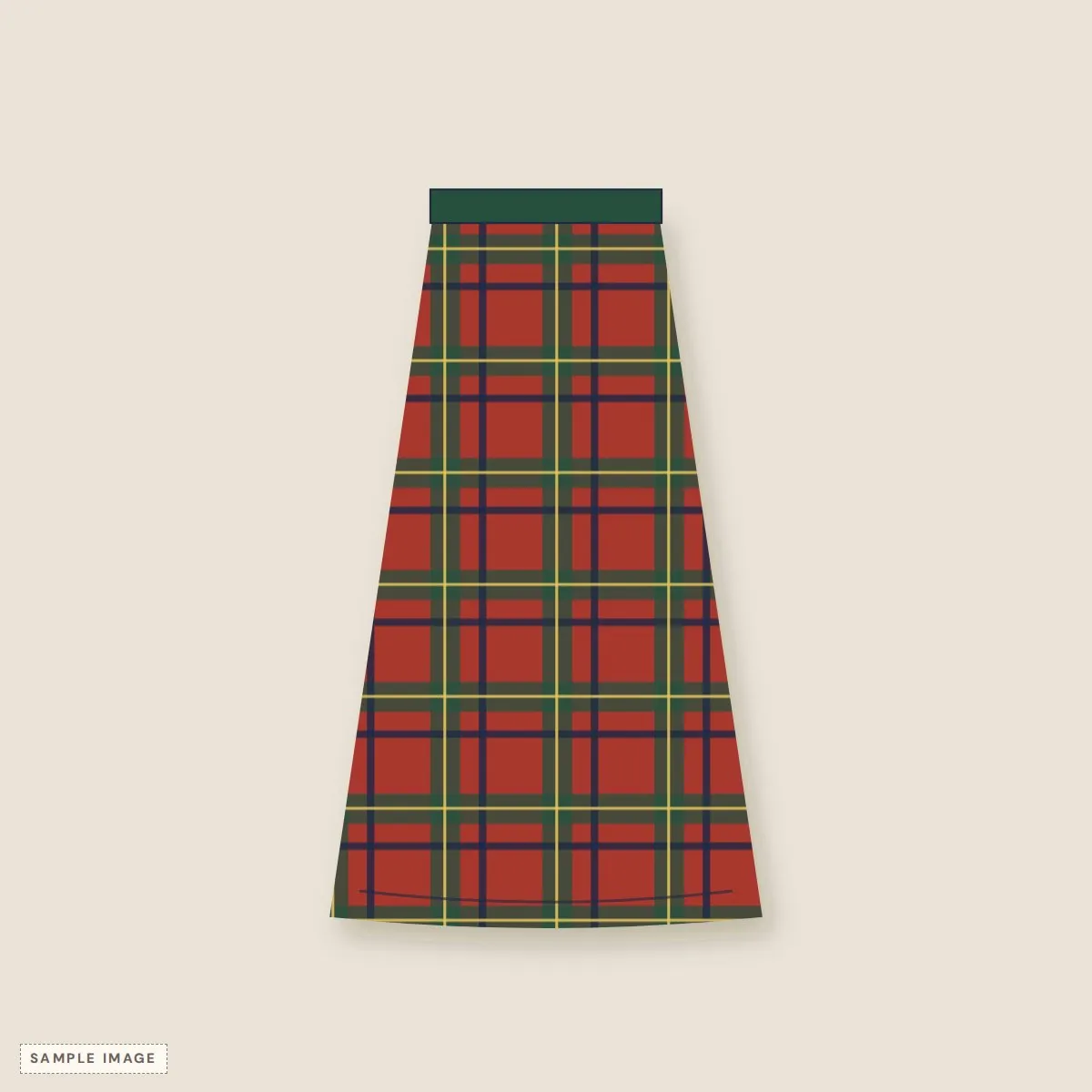 Red, green and navy tartan wool midi skirt in an A-line shape, laid flat
