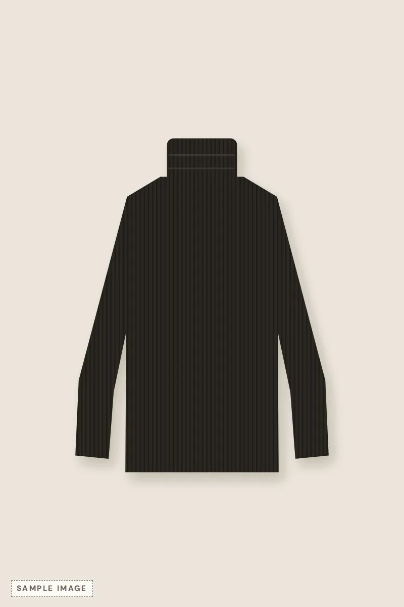 Black fine-knit turtleneck on a plain background