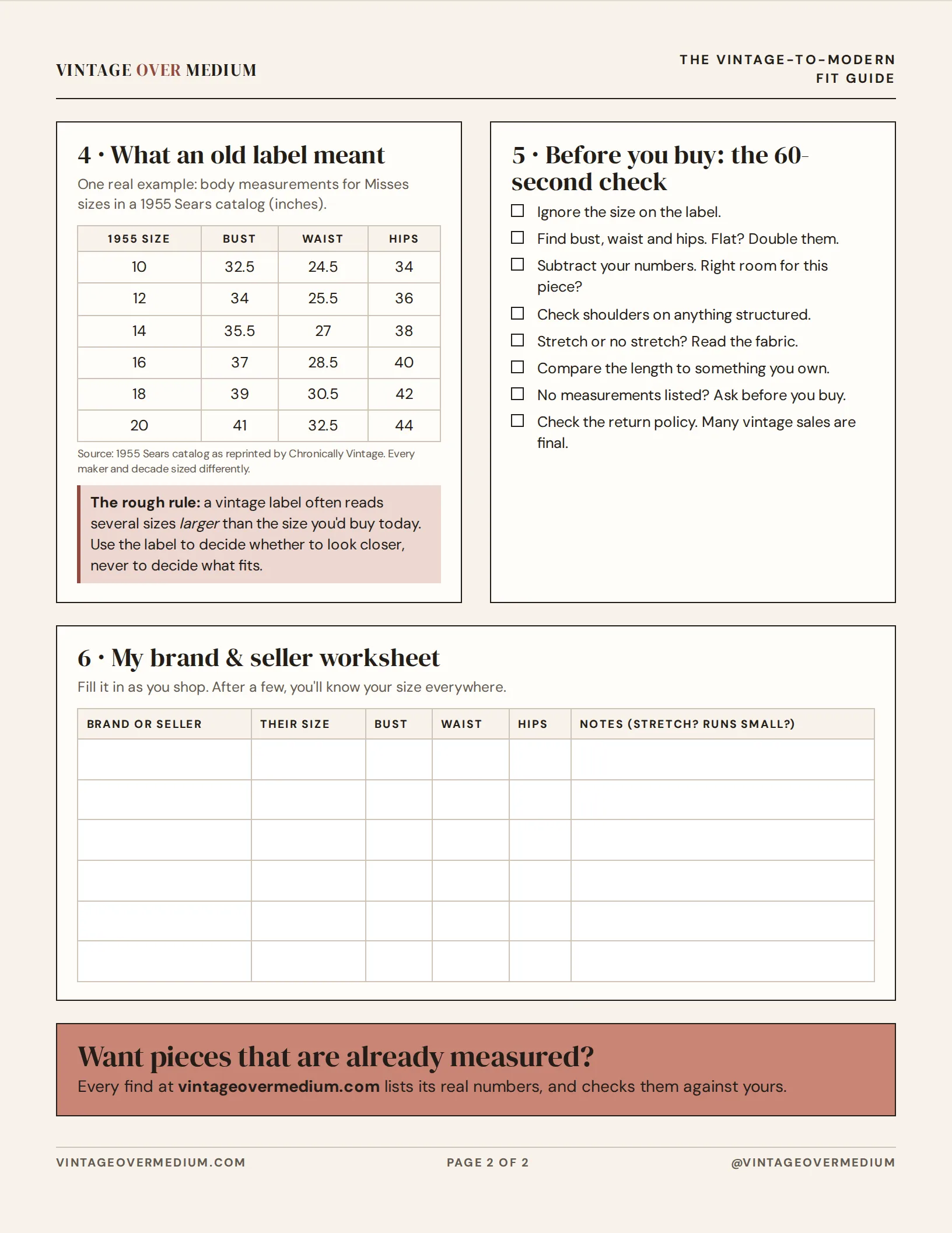Page two of the guide: label reference table, before-you-buy checklist and brand worksheet