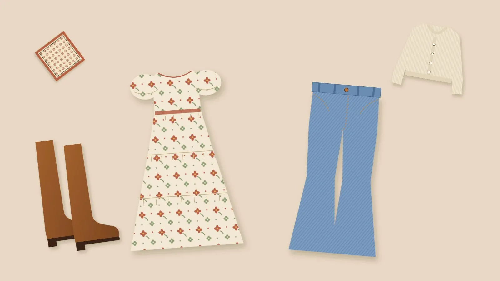 Flat-lay of a floral prairie midi dress, high-waisted denim flares, cognac knee boots, a cream cardigan and a printed scarf