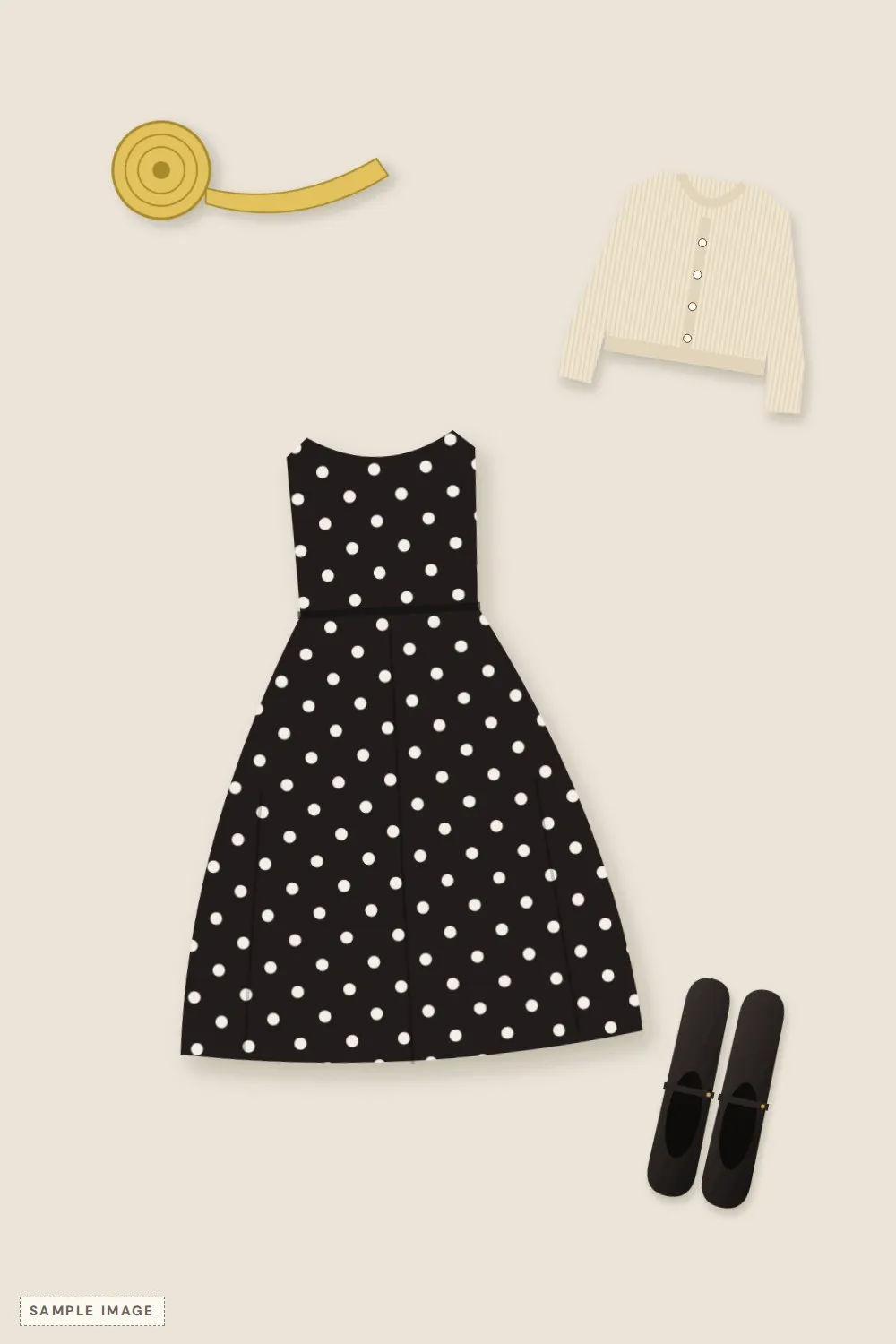 Flat-lay of a black polka dot swing dress, a cropped cream cardigan and black Mary Jane flats