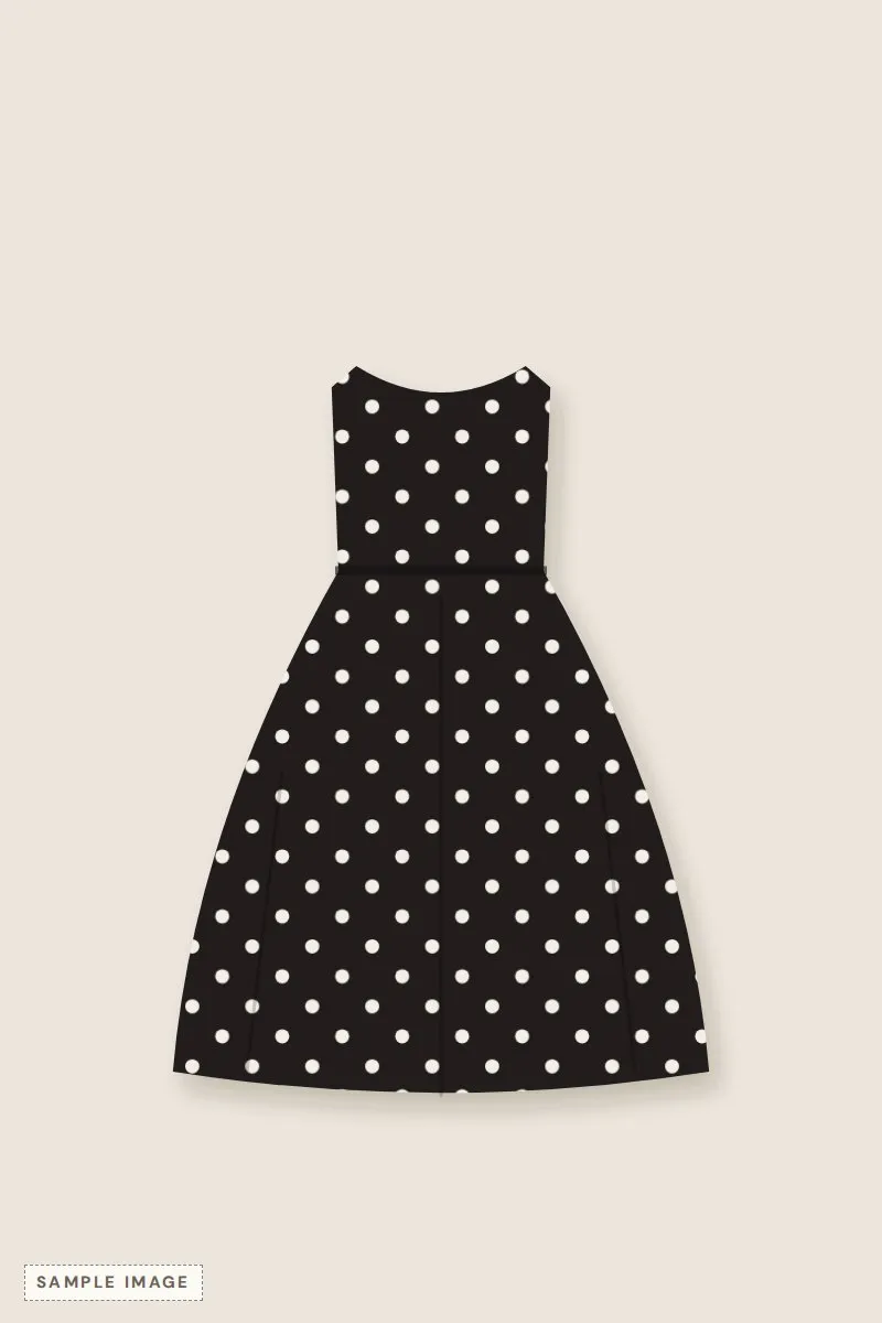 Black 1950s-style swing dress with white polka dots