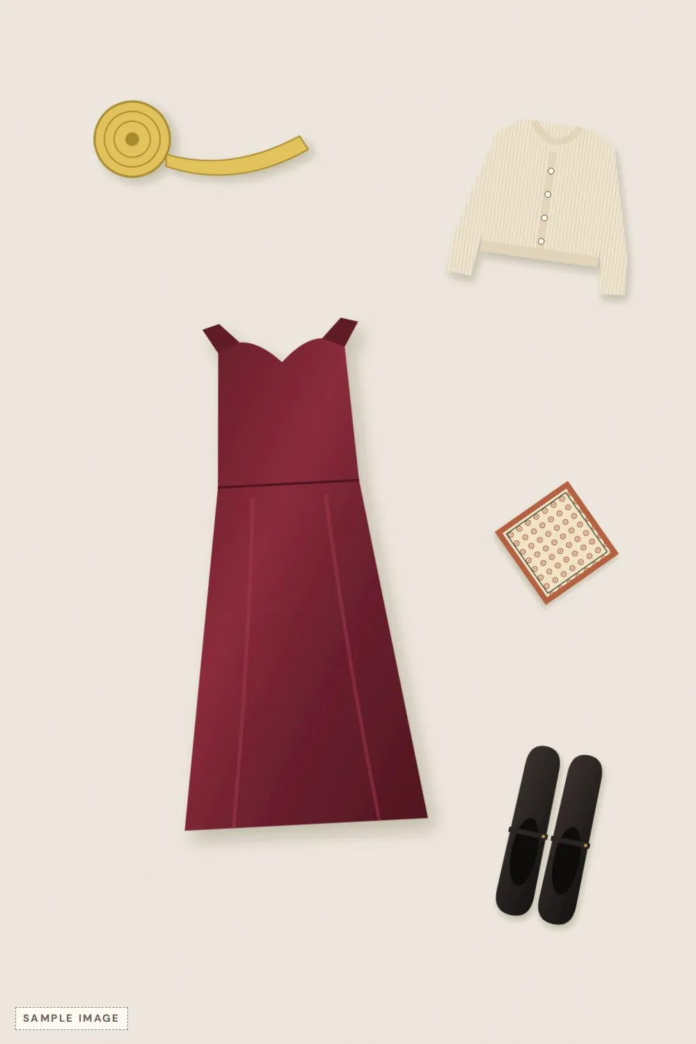 Flat-lay of a burgundy velvet midi dress, a cropped cream cardigan, black Mary Jane flats and a printed square scarf